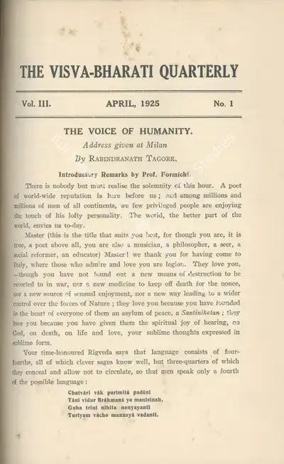 Rabindranath Tagore (Editor), Visva-Bharati Quarterly, 1925, Journal