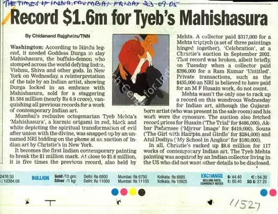 Chidanand Rajghatta (Writer), Record $1.6M For Tyeb's Mahishasura, 2005, Newspaper clipping