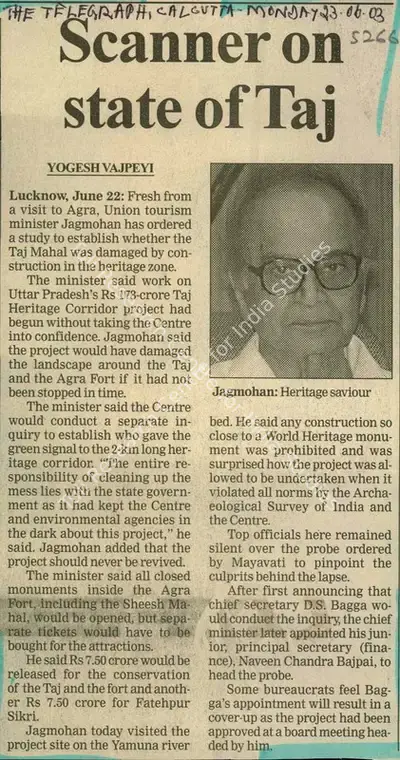 Yogesh Vajpeyi (Reporter), Scanner on State of Taj, 2003, Newspaper Clipping