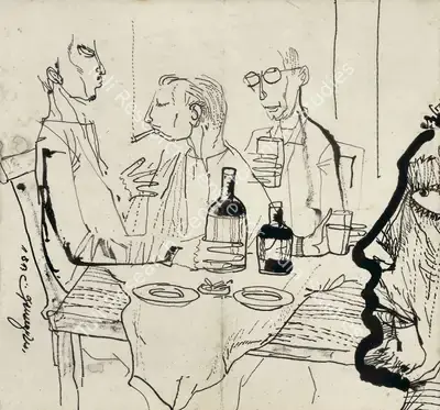 Ganesh Pyne (Artist), A Bar Scene, 1964, Drawing