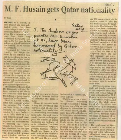 N. Ram (Reporter), M. F. Husain Gets Qatar Nationality, 2010, Newspaper Clipping