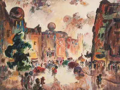 A.A. Almelkar (Artist), Untitled (Sir Pherozshah Mehta Road in the Monsoon), 1945, Painting