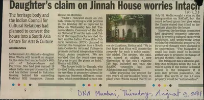 Anshika Misra (Reporter), Daughter's Claim on Jinnah House Worries Intacll, 2007, Newspaper Clipping
