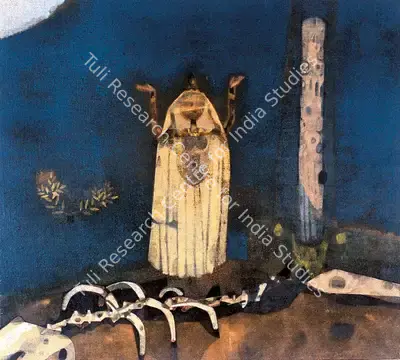 Ganesh Pyne (Artist), Before the Pillar, 1972, Painting