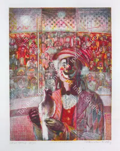 Krishna Reddy (Artist), Clown with Pigeon, 1985, Graphic Art