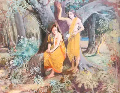 P.C. Chakravorty (Artist), Dusyanta and Shakuntala in the Forest, Painting