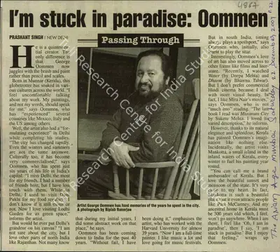 Prashant Singh (Reporter), I'm stuck in Paradise: Oommen, 2007, Newspaper Clipping