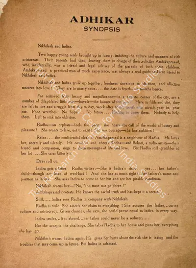 B.N. Sircar (Producer), Adhikar, 1938, Song-Synopsis Booklet