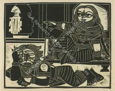 Chittaprosad (Artist), Kaikeyi orders Rama's exile; Dasharath is heartbroken, 1975, Graphic Art