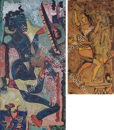 Samant, Mohan (Artist). Woman With Sitar. Oil and watercolour on paper, 1955 | Painting | FineArts | 00373373