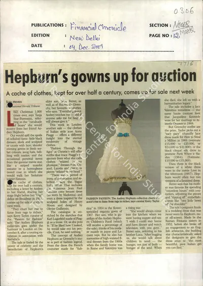 Suzy Menkes (Reporter), Hepburn's Gowns up for Auction, 2009, Newspaper Clipping
