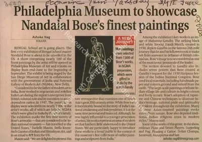 Ashoke Nag (Reporter), Philadelphia Museum to Showcase Nandalal Bose's finest Paintings, 2008, Newspaper Clipping