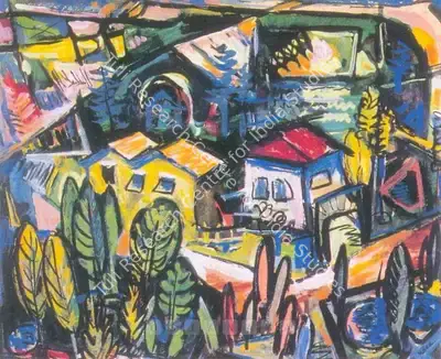 S.H. Raza (Artist), Townscape, 1955, Painting