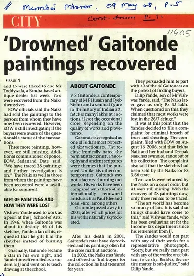 Drowned' Gaitonde Paintings Recovered, 2008, Newspaper Clipping