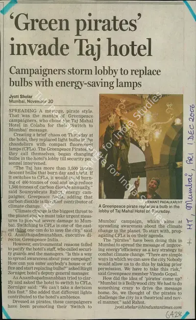 Jyoti Shelar (Reporter), Green Pirates' Invade Taj Hotel, 2006, Newspaper Clipping