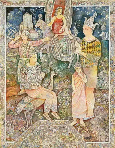 Sakti Burman (Artist), Gathering of The Comedians, 2001, Painting