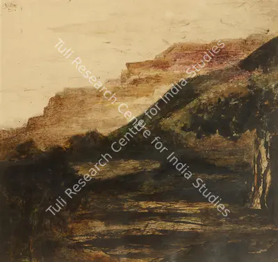 Rabindranath Tagore (Artist), Untitled (Dark landscape with cliffs and tree), 1929, Painting
