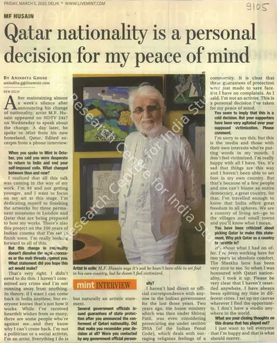 (Writer). Qatar Nationality is a personal choice for my peace of mind. Live Mint | Newspaper Clipping | FineArts | 00802396