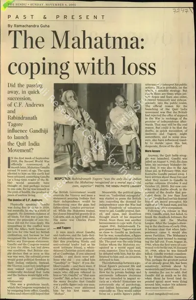 Ramachandra Guha (Reporter), The Mahatma: Coping with loss, 2005, Newspaper Clipping
