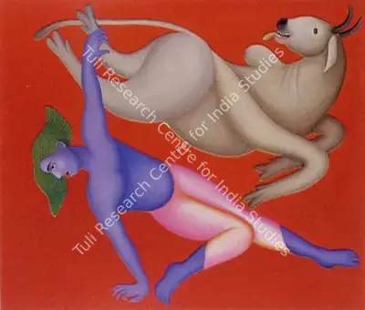 Bawa, Manjit (Artist). Krishna and the Demon Buffalo, n.d. | Painting, So.Bom/26.03.89