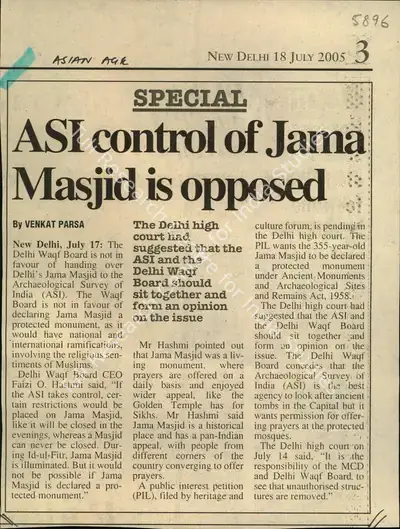 Venkat Parsa (Reporter), ASI Contrtol of Jama Masjid is Opposed, 2005, Newspaper Clipping