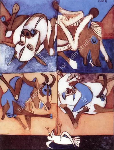 Subramanyan, K.G. (Artist). Visit of a White Crow. Watercolour and Oil on Acrylic Sheet , 1985 | K.G. Subramanyan, 2003 | Painting | FineArts | 00566168