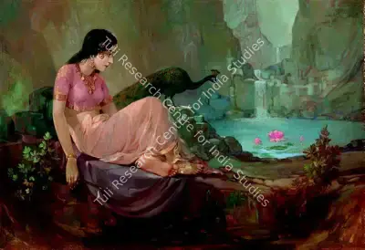Ustad Allah Bukhsh (Artist), Lady with Peacock by a Rock Pool, 1938, Painting