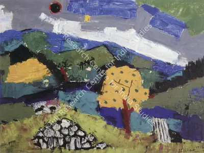 Husain, M. F. (Artist). Landscape. Oil on board, 1956 | Maqbool Fida Husain, 2008 | Painting | FineArts | 00495171