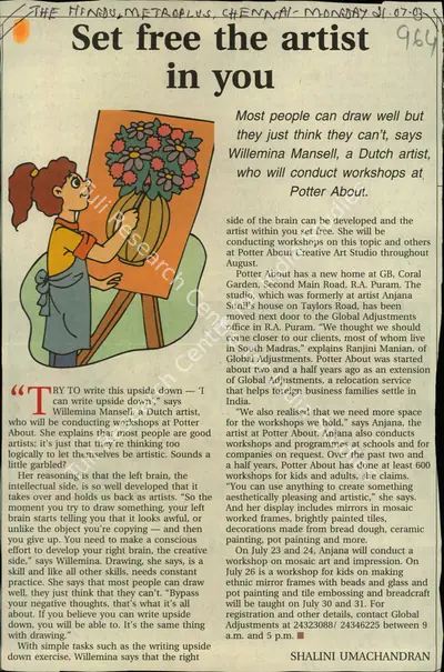 Shalini Umachandran (Reporter), Set Free the Artist in You, 2003, Newspaper Clipping