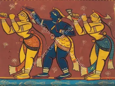 Jamini Roy (Artist), Dancing Balakrishna with two Gopalabalaks, 1949, Painting