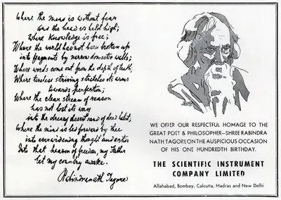The Scientific Instrument Company Limited (Advertiser), Homage to Rabindranath Tagore on his Hundredth Birth Anniversary, 1961, Advertisement