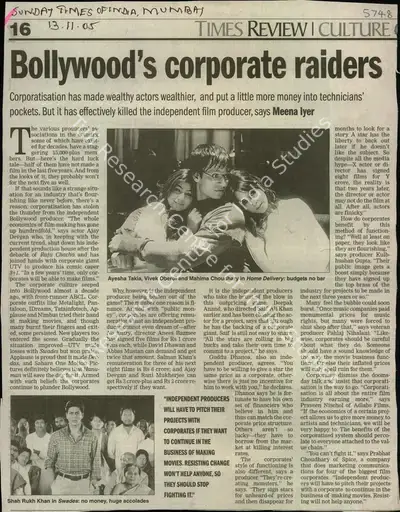 Meena Iyer (Reporter), Bollywood's Corporate Raiders, 2005, Newspaper Clipping