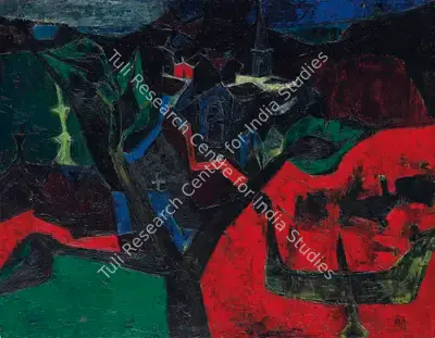 S.H. Raza (Artist), Untitled (Village dans un Paysage), 1955, Painting
