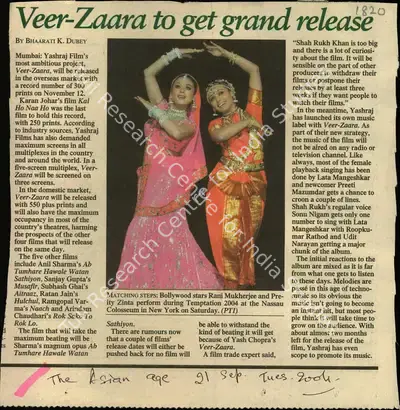 Bhaarati K. Dubey (Reporter), Veer-Zaara to get grand release, 2004, Newspaper Clipping