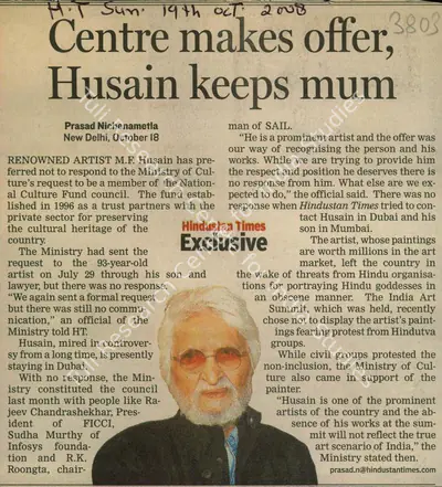Prasad Nichenametla (Reporter), Centre Makes Offer, Husain Keeps Mum, 2008, Newspaper Clipping