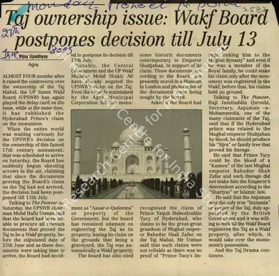 Vijay Upadhyay (Reporter), Taj Ownership Issue: Wakf Board Postpones Decion Till July 13, 2005, Newspaper Clipping