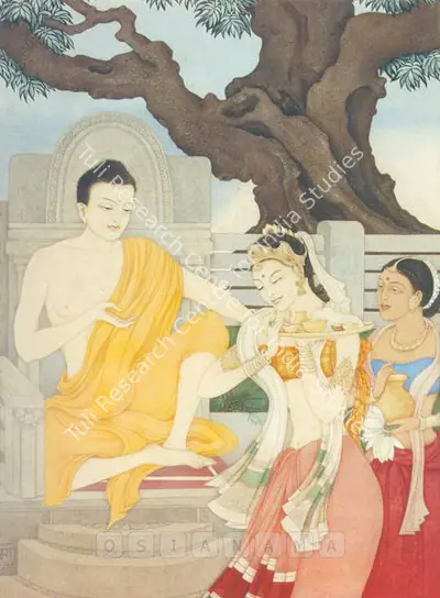 Roma Mukherjee (Artist), Buddha And Amrapali, 1956, Painting