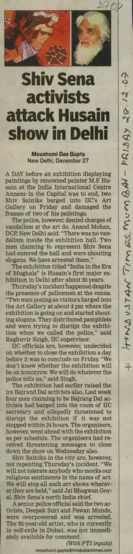 Moushumi Das Gupta (Reporter), Shiv Sena Activists Attack Husain Show in Delhi, 2007, Newspaper Clipping