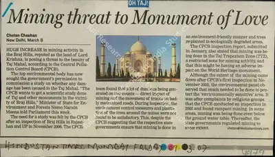 Chetan Chauhan (Reporter), Mining Threat to Monument of Love, 2007, Newspaper Clipping