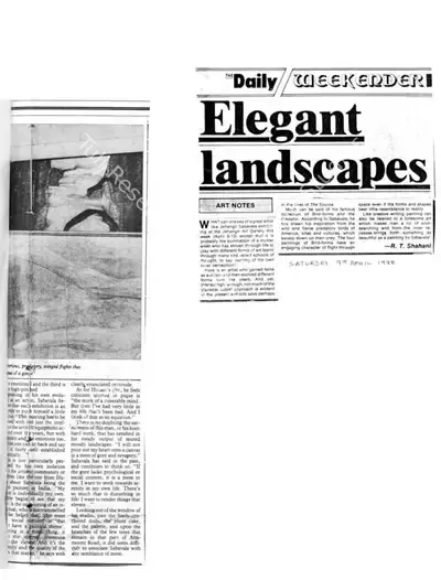 R.T. Shahani (Writer), Elegant Landscapes, 1988, Newspaper Clipping