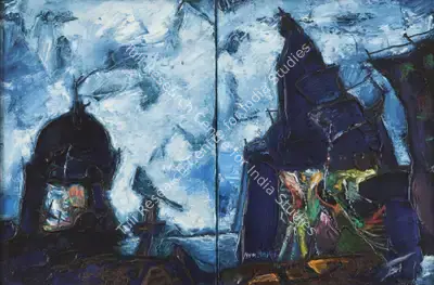 Manu Parekh (Artist), Sky Between 2 Temples, 2004, Painting