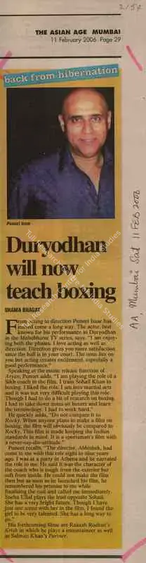 Shama Bhagat (Reporter), Duryodhan Will Now Teach Boxing, 2006, Newspaper Clipping