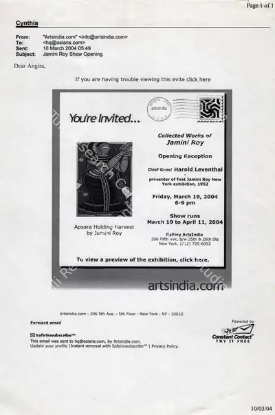 Jamini Roy (Artist), Collected Works of Jamini Roy, 2004, Solo Exhibition Invitation
