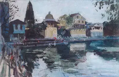Walter Langhammer (Artist), Banganga Tank And Walkeshwar Temples, Malabar Hill, Bombay, 1945, Painting