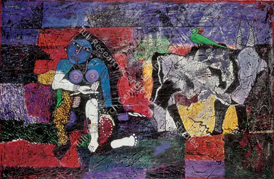 A.P. Santhanaraj (Artist), Woman & Parrot, 2001, Painting