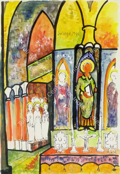 F.N. Souza (Artist), Church Interior, 1946, Painting
