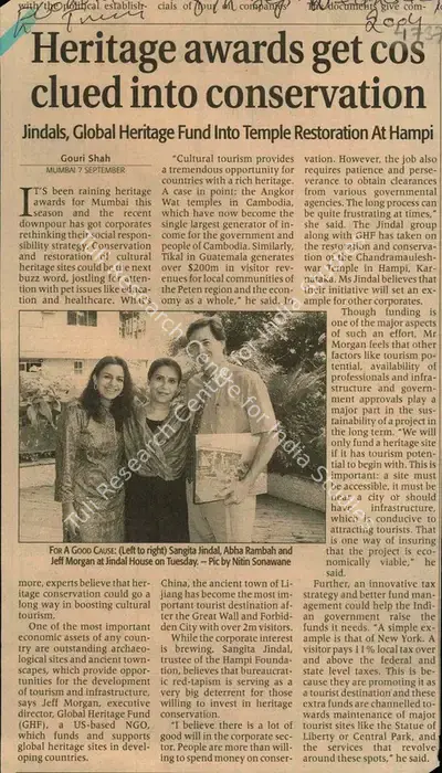 Gouri Shah (Reporter), Heritage Awards get cos Clued into Conservation, 2004, Newspaper Clipping