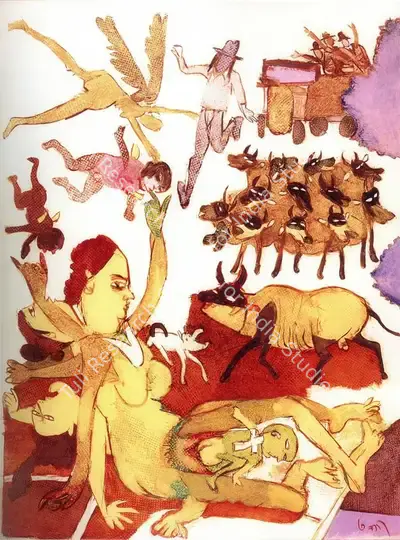 Subramanyan, K.G. (Artist). Ethiopian Nativity. Watercolour and Oil on Acrylic Sheet , 1987 | K.G. Subramanyan, 2003 | Painting | FineArts | 00566359