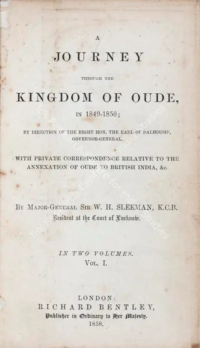 W.H. Sleeman (Author), Journey through the Kingdom of Oude in 1849-1850, 1858, Authored Antiquarian Book