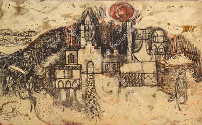 Avinash Chandra (Artist), Village landscape, 1959, Drawing